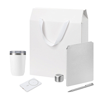Подарочный набор Welcome Pack Premium, серебряный (термокружка, колонка, ежедневник, ручка, ЗУ, коробка-пакет)