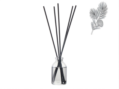 Диффузор с ароматом Еловые шишки и хвоя, 30мл, стекло, пробка, палочки 5 шт., мешочек из органзы черный