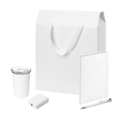 Подарочный набор Велком Пак (Welcome Pack), белый (термокружка, ежедневник, ручка, ЗУ, коробка-пакет)