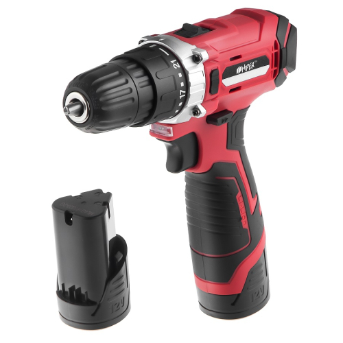 Шуруповерт аккумуляторный HIPER HCD12A/2А, 12В, в кейсе, Li-ion батарея 1,5 Ач (2 шт), 25Нм, красный