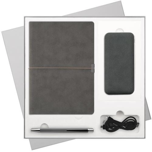 Подарочный набор Ин Велюр (In Velour), серый (ежедневник, ручка, аккумулятор)