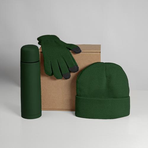 Набор подарочный GET WARM: перчатки, шапка, термос; зеленый, зеленый