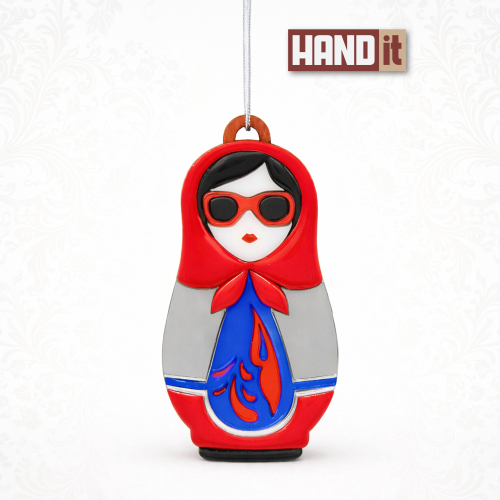 Ёлочная игрушка Матрёшка с узорами (красный с синим)