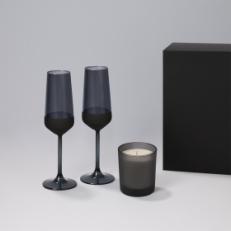 Подарочный набор свеча Enigma + 2 бокала для шампанского Black Edition в черной коробке