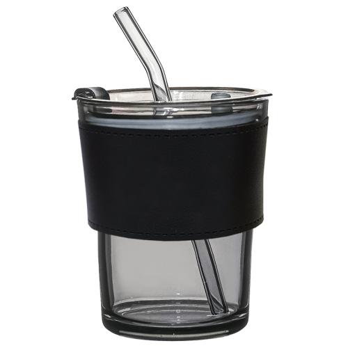 Стакан стеклянный с трубочкой и капхолдером Karamel, Черный