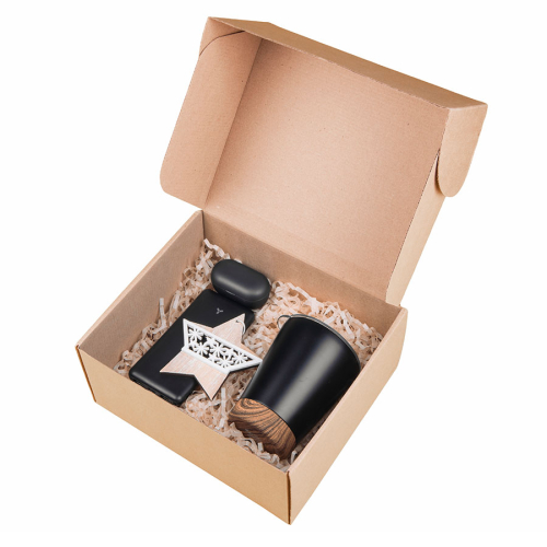 Подарочный набор NIGHTFALL: наушники, зарядное устройство, термокружка, украшение,  коробка, стружка, черный, бежевый