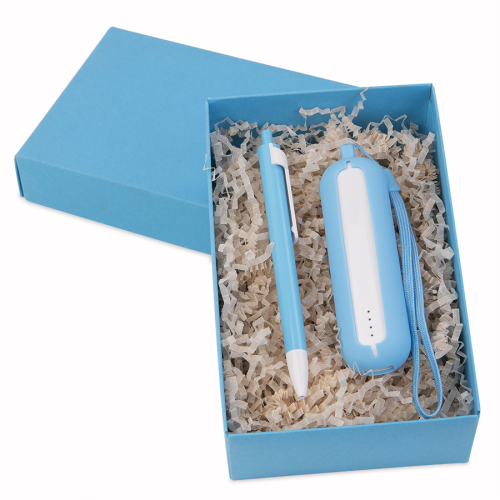 Набор SEASHELL-1: универсальное зарядное устройство (2000 mAh) и ручка в подарочной коробке, голубой, белый