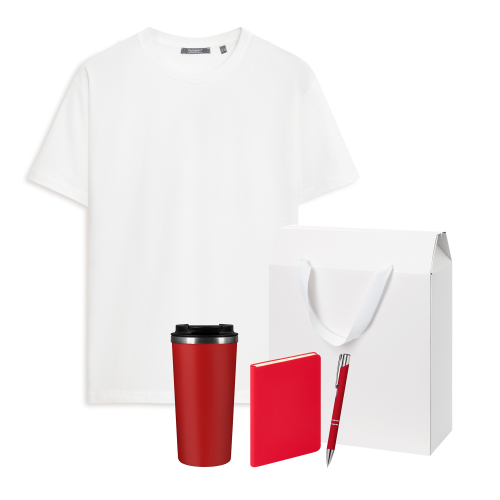 Набор с одеждой Крис (Kris) (футболка, термокружка, ежедневник, ручка), красный/белый, S