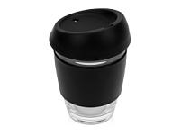 Стеклянный стакан с силиконовой крышкой и манжетой «Monday», цвет: черный, прозрачный