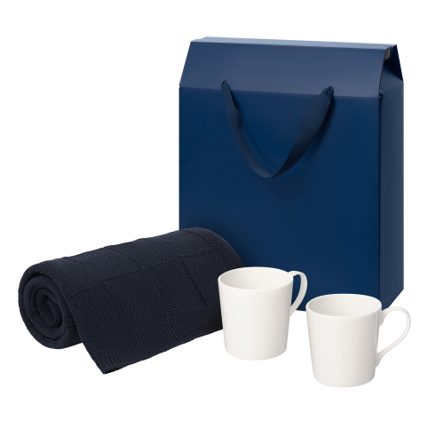 Подарочный набор Сиена (Siena), Селла (Cella), синий в коробке-пакете (две фарфоровых кружки, плед)