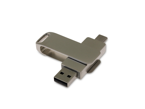 USB 3.0- флешка на 128 Гб поворотный механизм 2 в 1, c дополнительным разъемом Type-C с одноцветным металлическим клипом, серый