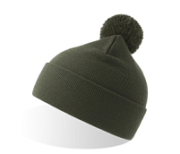 Шапка вязаная  двойная Wind-S с помпоном, оливковый