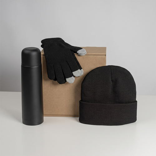 Набор подарочный GET WARM: перчатки, шапка, термос, черный