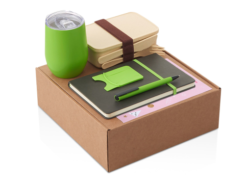 Набор с термокружкой, блокнотом, ручкой и ланчбоксом Refreshment, зеленое яблоко
