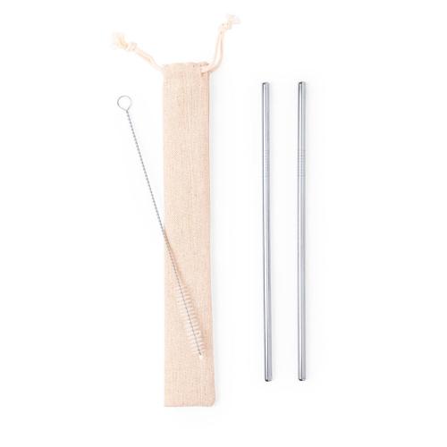 Коктейльные трубочки (2 шт.) с ершиком в чехле KALUX, 3,5х24,5см, нержавеющая сталь, хлопок, серебристый