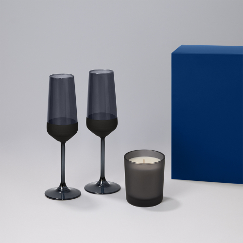 Подарочный набор свеча Энигма (Enigma) + 2 бокала для шампанского Блэк Эдишн (Black Edition) в синей коробке