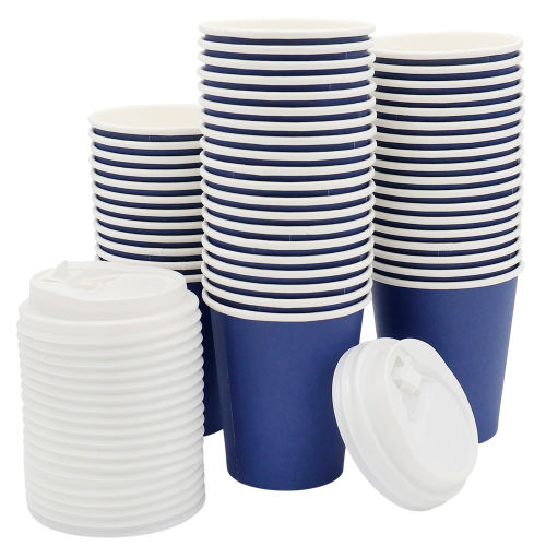 Набор бумажных стаканов с крышкой 8 унций (240 мл), Синий - снаружи, белый внутри