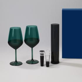 Подарочный набор 2 бокала для вина Emerald + набор для вина Sacramento в синей коробке