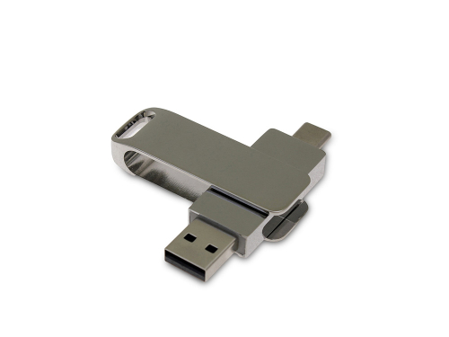 USB 2.0- флешка на 16 Гб поворотный механизм 2 в 1, c дополнительным разъемом Type-C с одноцветным металлическим клипом, серебристый