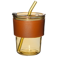Стакан стеклянный с трубочкой и капхолдером Karamel, Золотой