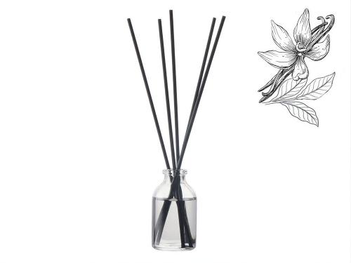 Диффузор с ароматом Табак и ваниль, 30мл, стекло, пробка, палочки 5 шт., мешочек из органзы черный