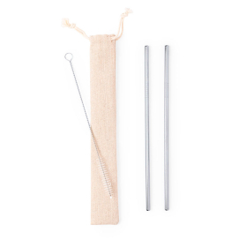 Коктейльные трубочки (2 шт.) с ершиком в чехле KALUX, 3,5х24,5см, нержавеющая сталь, хлопок, серебристый