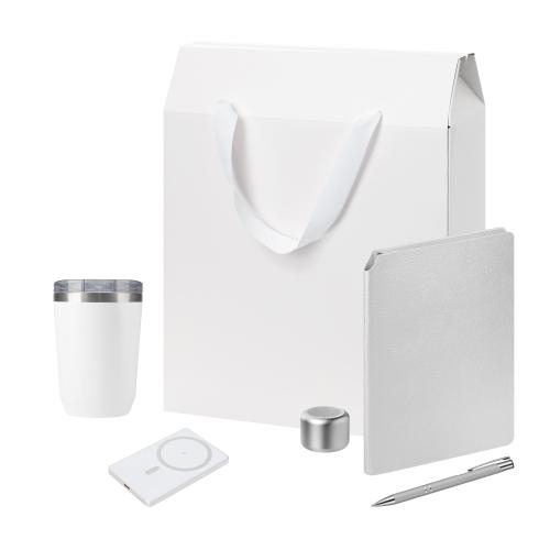 Подарочный набор Велком Пак Премиум (Welcome Pack Premium), серебряный (термокружка, колонка, ежедневник, ручка, ЗУ, коробка-пакет)