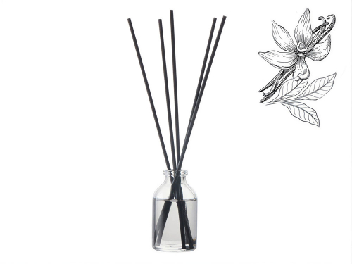 Диффузор с ароматом Табак и ваниль, 30мл, стекло, пробка, палочки 5 шт., мешочек из органзы черный